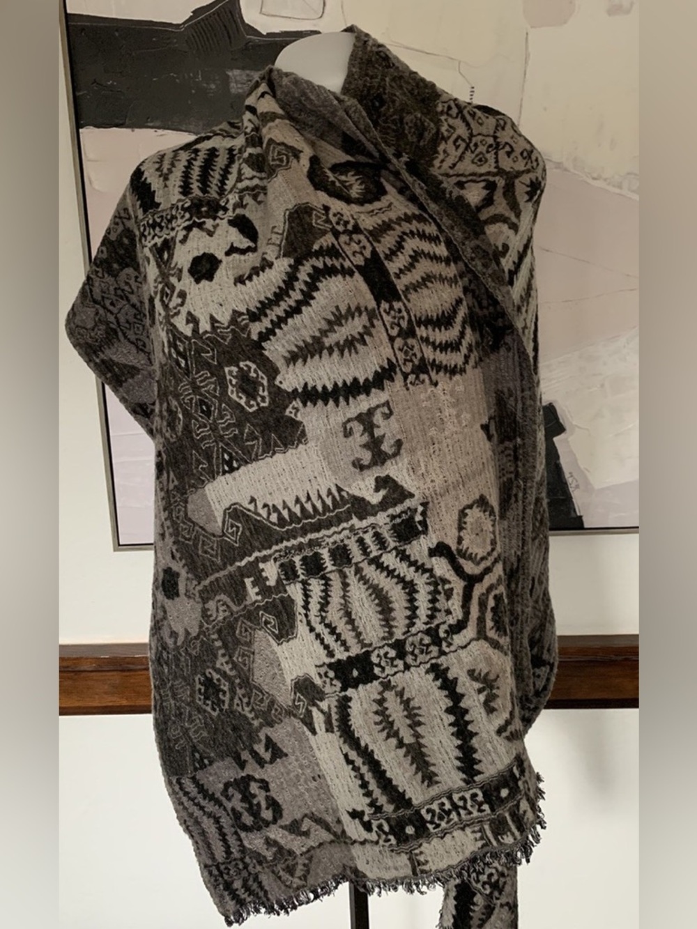 Aritzia Wilfred Tribal Pattern Wool Blend Blanket Scarf Grey / Black 71” x 23”